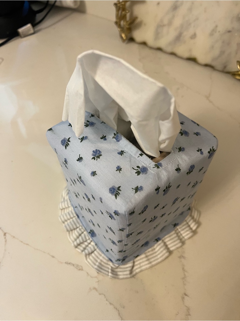 Reversible Tissue Box Cover w Ruffle: Blue Floral  One Side, Gray Stripe Reverse